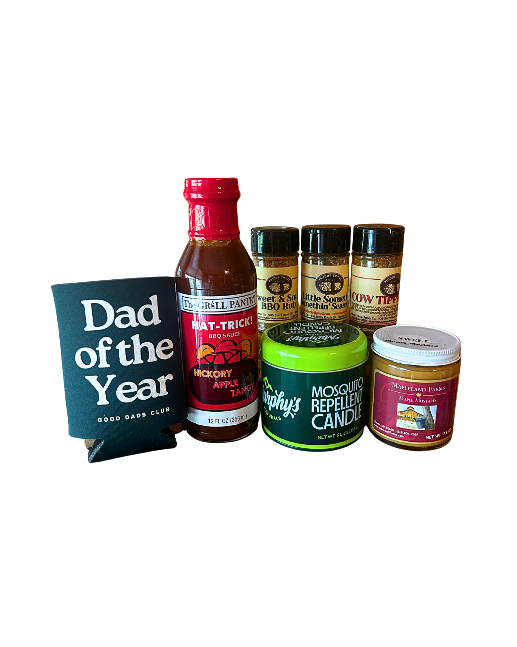 Backyard BBQ Father's Day gift bundle with hickory apple BBQ sauce, BBQ rub, seasoning, maple mustard, mosquito repellent candle and Dad of the Year koozie from CLUTCH Market Greenwich NY