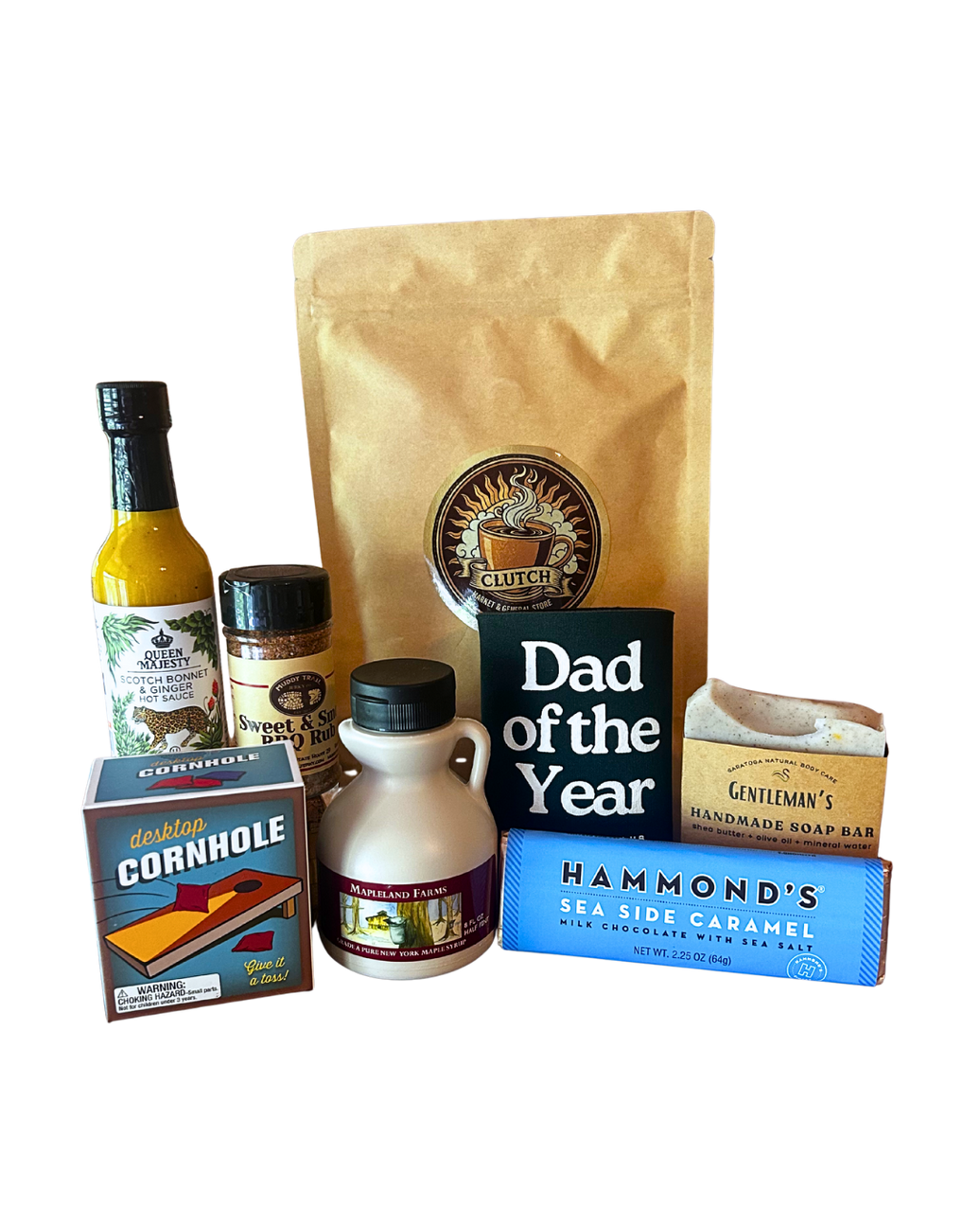 Dad Edit Father's Day gift bundle with CLUTCH coffee, maple syrup, hot sauce, BBQ rub, chocolate, handmade soap, desktop cornhole and Dad of the Year koozie from CLUTCH Market Greenwich NY