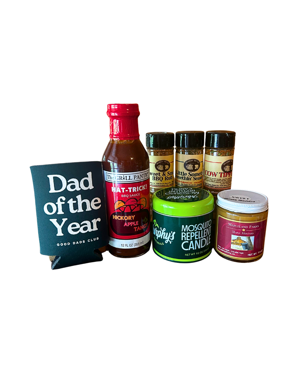 Backyard BBQ Father's Day gift bundle with hickory apple BBQ sauce, BBQ rub, seasoning, maple mustard, mosquito repellent candle and Dad of the Year koozie from CLUTCH Market Greenwich NY