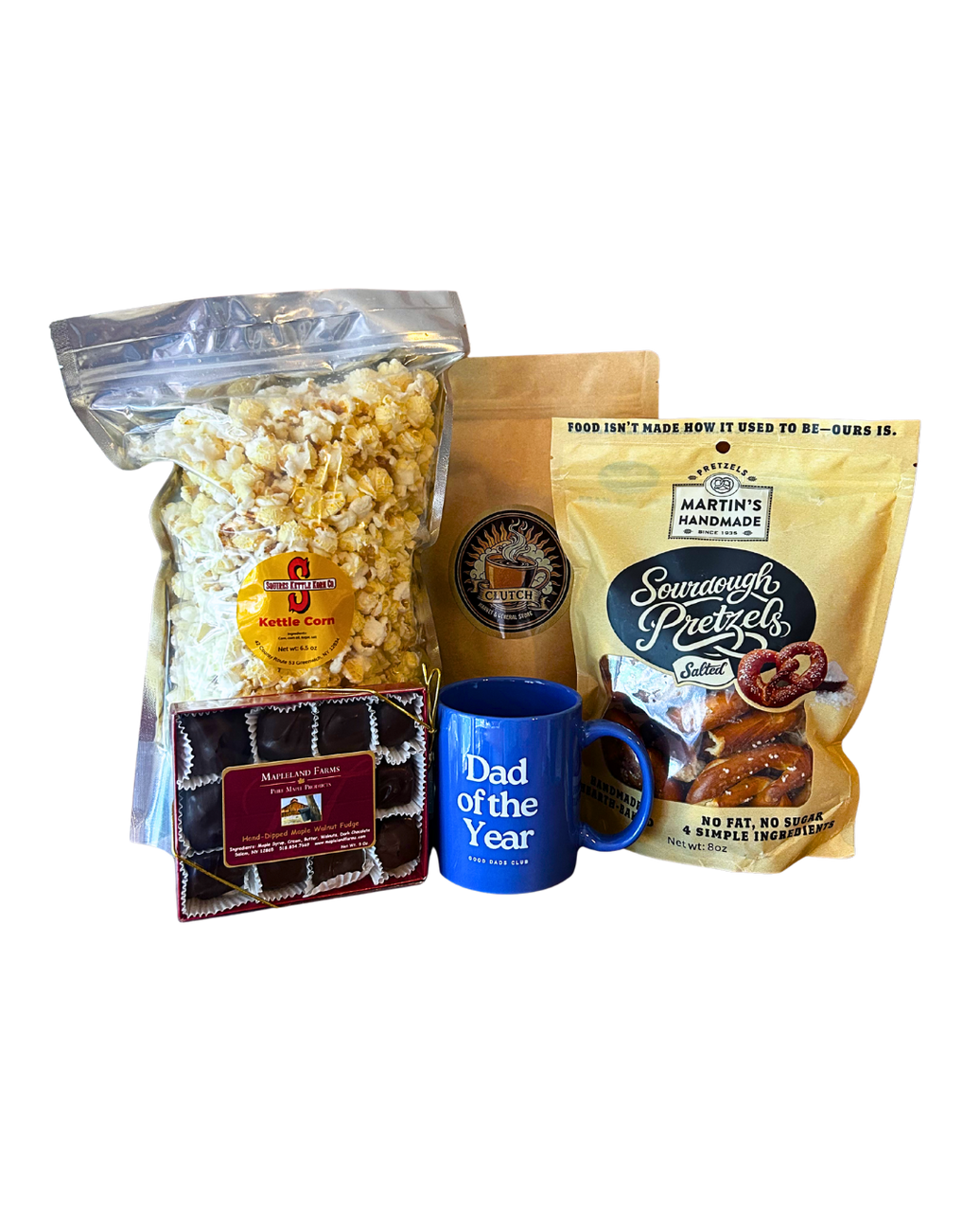 Good Dad Father's Day gift basket with kettle corn, sourdough pretzels, maple walnut fudge, coffee and Dad of the Year mug from CLUTCH Market Greenwich NY