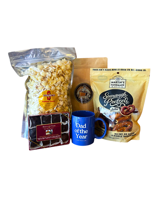 Good Dad Father's Day gift basket with kettle corn, sourdough pretzels, maple walnut fudge, coffee and Dad of the Year mug from CLUTCH Market Greenwich NY